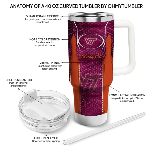 personalized virginia tech hokies hexagon armor maroon curved tumbler new arrival.webp