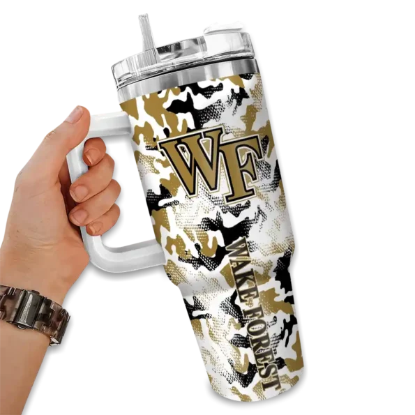 personalized wake forest demon deacons camo mashup gold white curved tumbler fashion forward.webp