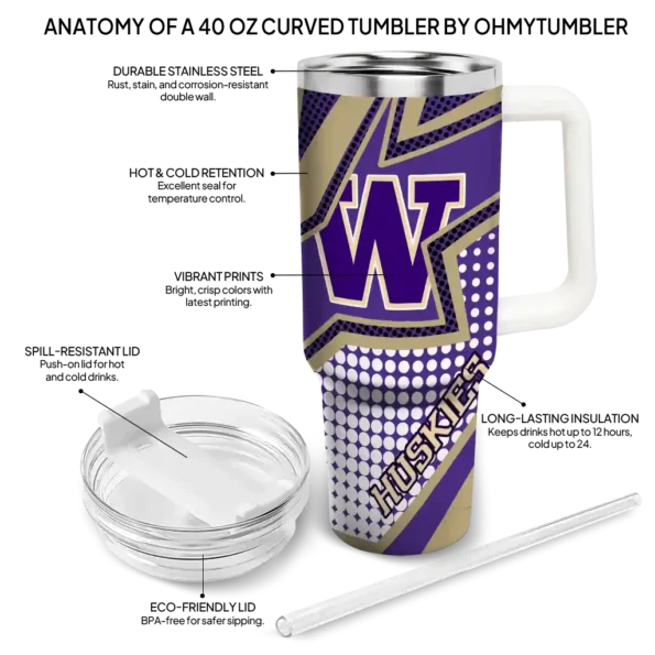 personalized washington huskies arrow burst purple curved tumbler new arrival.webp