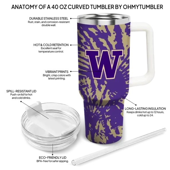 personalized washington huskies burst swirl purple curved tumbler new arrival.webp