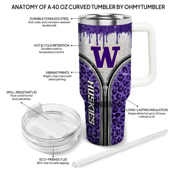 personalized washington huskies leopard zipper purple curved tumbler new arrival.webp