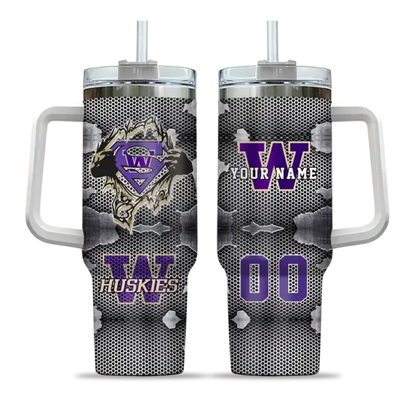 personalized washington huskies superman shield purple gray curved tumbler best selling.webp