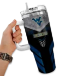 personalized west virginia mountaineers arrow armor blue black curved tumbler best selling.webp