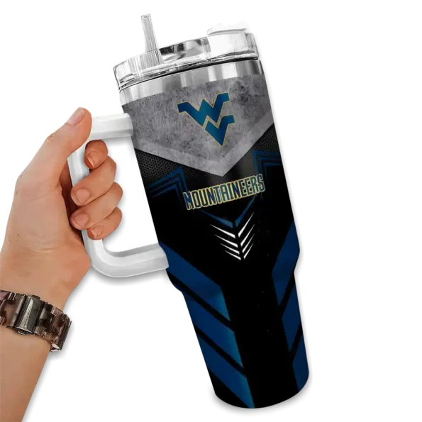 personalized west virginia mountaineers arrow armor blue black curved tumbler fashion forward.webp