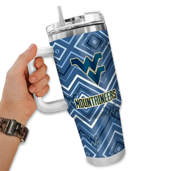 personalized west virginia mountaineers bold diamonds blue curved tumbler fashion forward.webp
