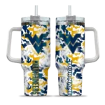 personalized west virginia mountaineers camo mashup blue white curved tumbler best selling.webp