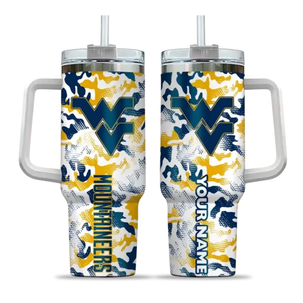 personalized west virginia mountaineers camo mashup blue white curved tumbler best selling.webp