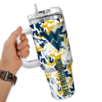 personalized west virginia mountaineers camo mashup blue white curved tumbler best selling.webp