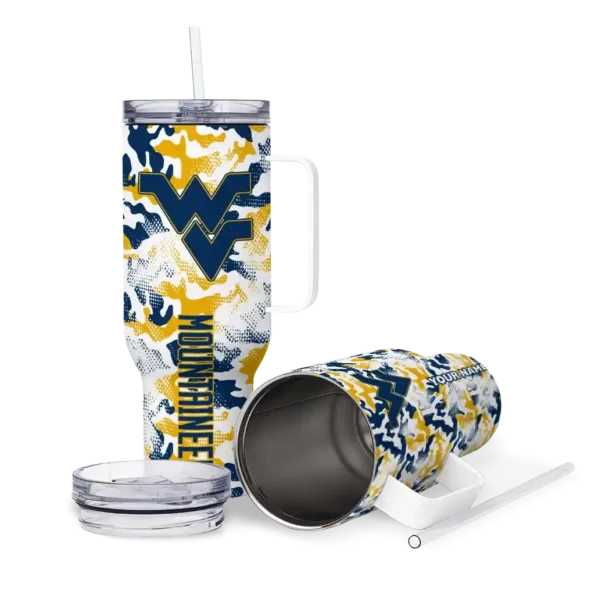 personalized west virginia mountaineers camo mashup blue white curved tumbler high quality.webp