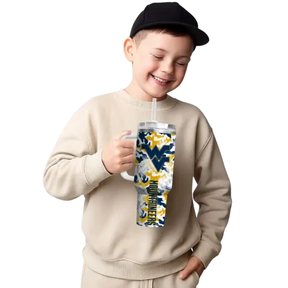 personalized west virginia mountaineers camo mashup blue white curved tumbler latest model.webp