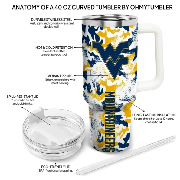 personalized west virginia mountaineers camo mashup blue white curved tumbler new arrival.webp