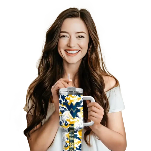 personalized west virginia mountaineers camo mashup blue white curved tumbler premium grade.webp