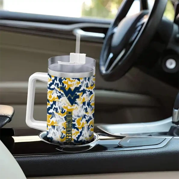 personalized west virginia mountaineers camo mashup blue white curved tumbler trendy.webp