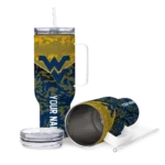 personalized west virginia mountaineers chevron stripe blue curved tumbler best selling.webp