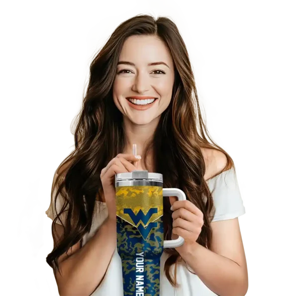 personalized west virginia mountaineers chevron stripe blue curved tumbler premium grade.webp