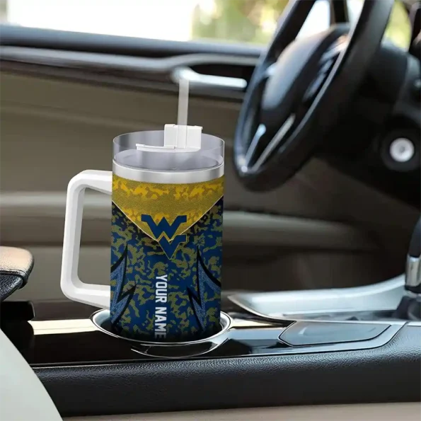 personalized west virginia mountaineers chevron stripe blue curved tumbler trendy.webp
