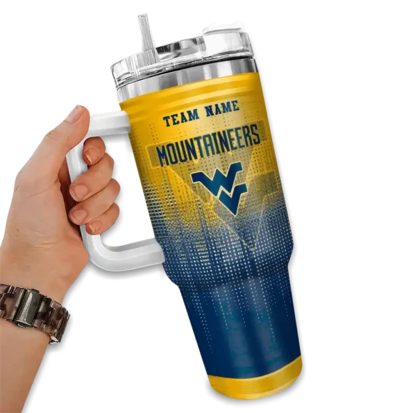 personalized west virginia mountaineers gradient dots blue curved tumbler fashion forward.webp
