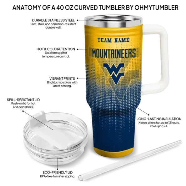 personalized west virginia mountaineers gradient dots blue curved tumbler new arrival.webp