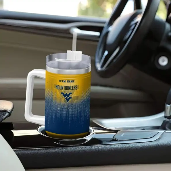 personalized west virginia mountaineers gradient dots blue curved tumbler trendy.webp