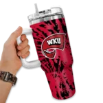 personalized western kentucky hilltoppers burst swirl red curved tumbler best selling.webp