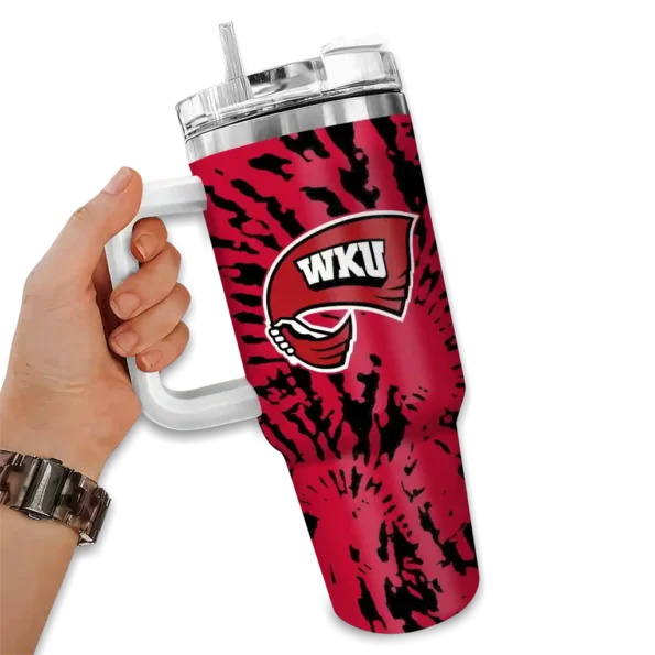 personalized western kentucky hilltoppers burst swirl red curved tumbler fashion forward.webp