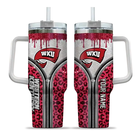 personalized western kentucky hilltoppers leopard zipper red curved tumbler best selling.webp