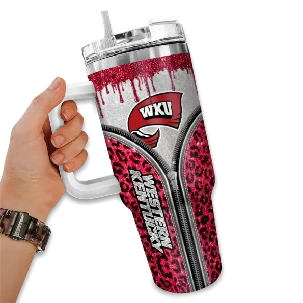 personalized western kentucky hilltoppers leopard zipper red curved tumbler fashion forward.webp