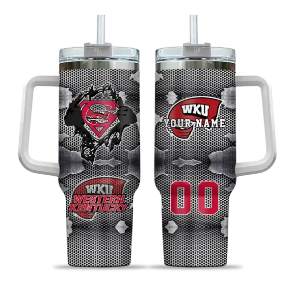 personalized western kentucky hilltoppers superman shield red gray curved tumbler best selling.webp