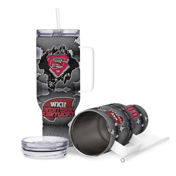 personalized western kentucky hilltoppers superman shield red gray curved tumbler high quality.webp