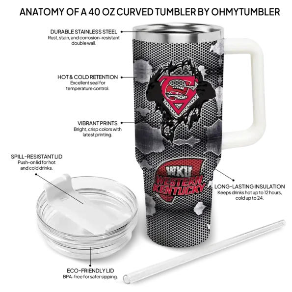 personalized western kentucky hilltoppers superman shield red gray curved tumbler new arrival.webp