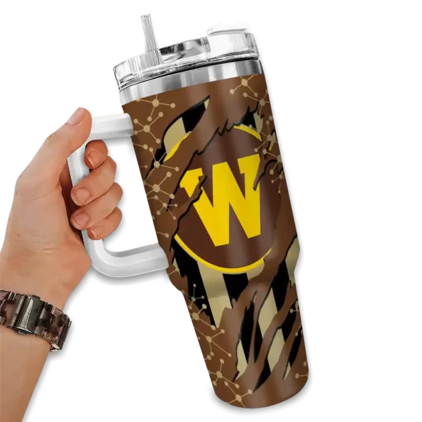 personalized western michigan broncos claw cut brown black curved tumbler fashion forward.webp