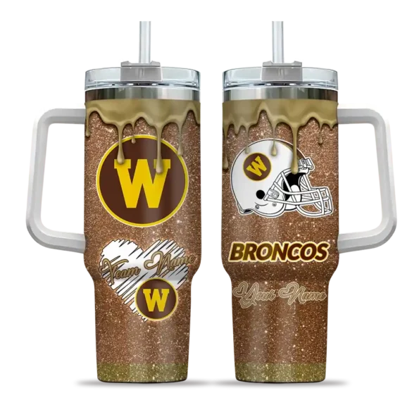 personalized western michigan broncos heart helmet motif brown curved tumbler best selling.webp