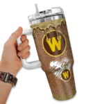 personalized western michigan broncos heart helmet motif brown curved tumbler best selling.webp