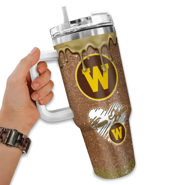 personalized western michigan broncos heart helmet motif brown curved tumbler fashion forward.webp