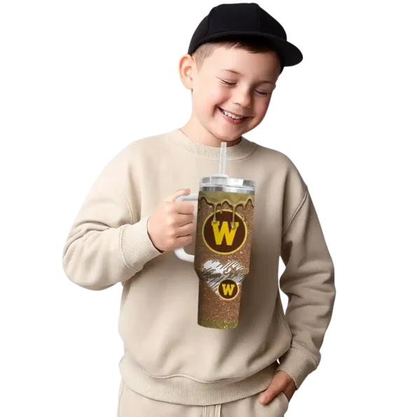 personalized western michigan broncos heart helmet motif brown curved tumbler latest model.webp