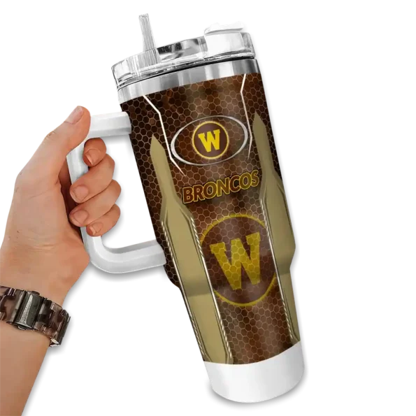 personalized western michigan broncos hexagon armor brown curved tumbler fashion forward.webp