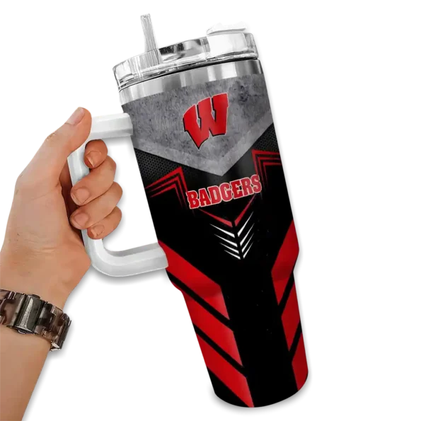 personalized wisconsin badgers arrow armor red black curved tumbler fashion forward.webp