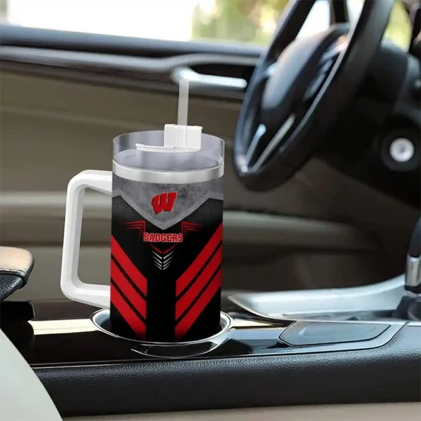 personalized wisconsin badgers arrow armor red black curved tumbler trendy.webp