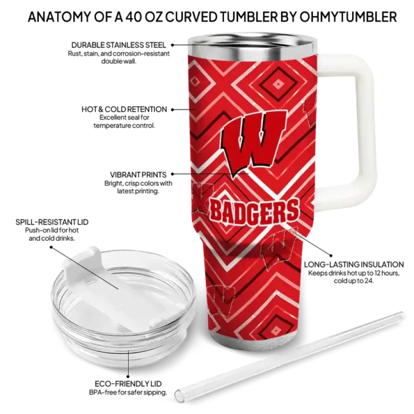 personalized wisconsin badgers bold diamonds red curved tumbler new arrival.webp