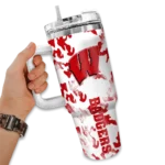 personalized wisconsin badgers camo mashup red white curved tumbler best selling.webp