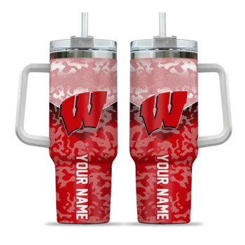 personalized wisconsin badgers chevron stripe red curved tumbler best selling.webp