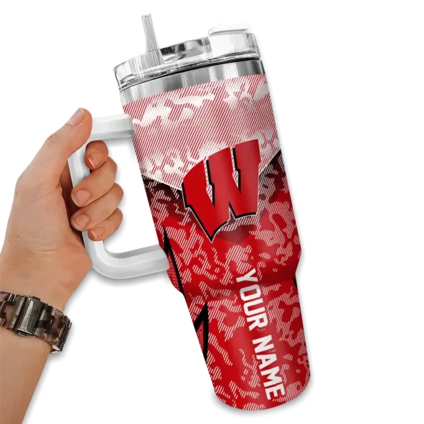 personalized wisconsin badgers chevron stripe red curved tumbler fashion forward.webp