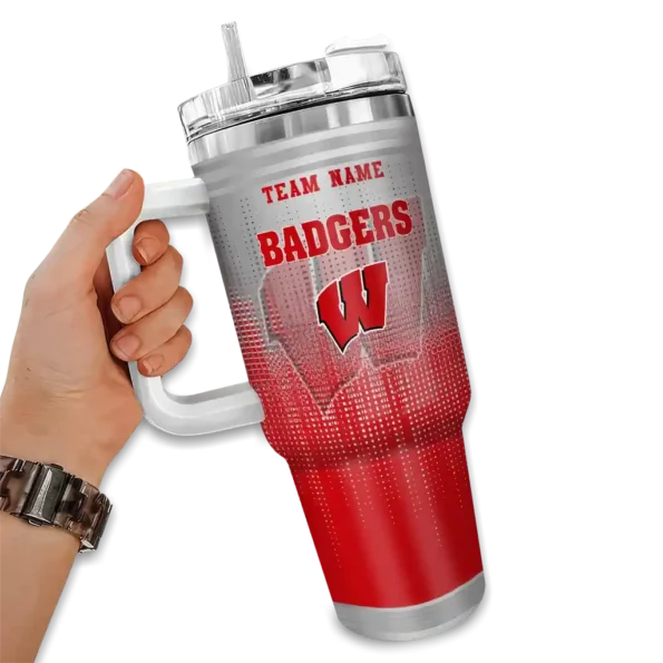 personalized wisconsin badgers gradient dots red curved tumbler fashion forward.webp