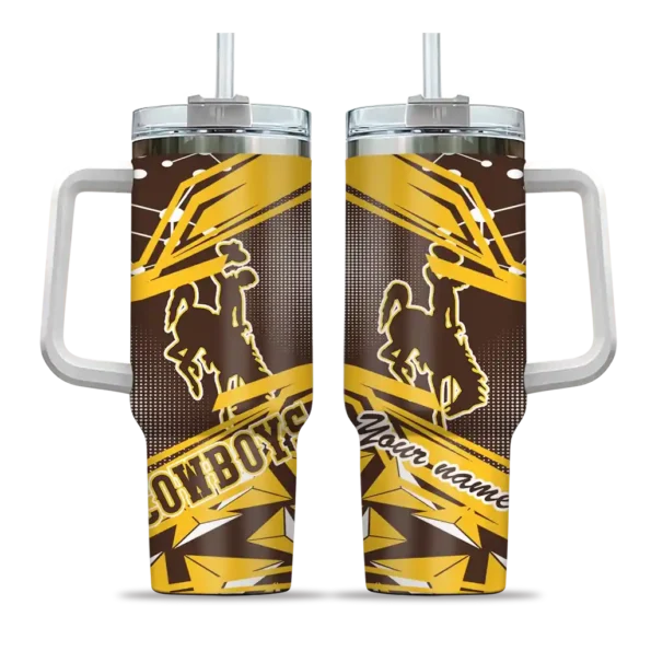 personalized wyoming cowboys abstract paths brown curved tumbler best selling.webp