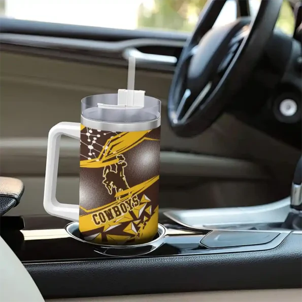 personalized wyoming cowboys abstract paths brown curved tumbler trendy.webp