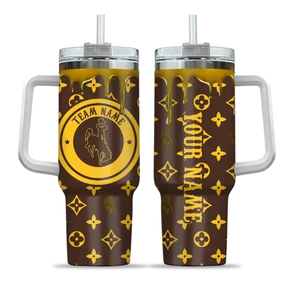 personalized wyoming cowboys bullseye drips brown curved tumbler best selling.webp
