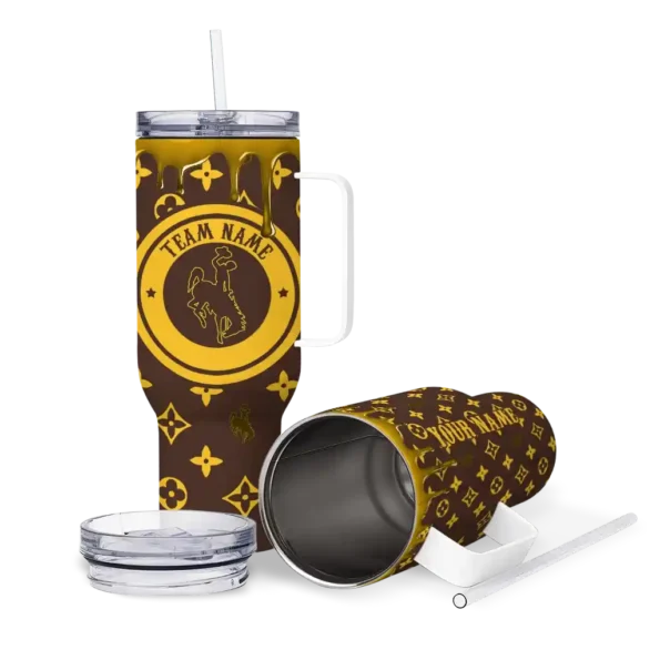 personalized wyoming cowboys bullseye drips brown curved tumbler high quality.webp