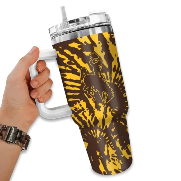 personalized wyoming cowboys burst swirl brown curved tumbler fashion forward.webp