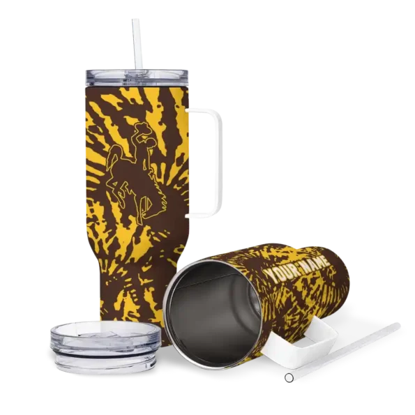 personalized wyoming cowboys burst swirl brown curved tumbler high quality.webp