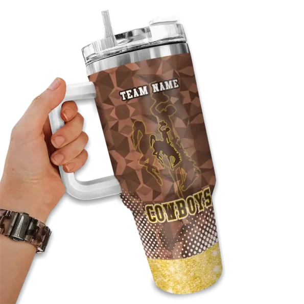 personalized wyoming cowboys geometric prism brown curved tumbler fashion forward.webp